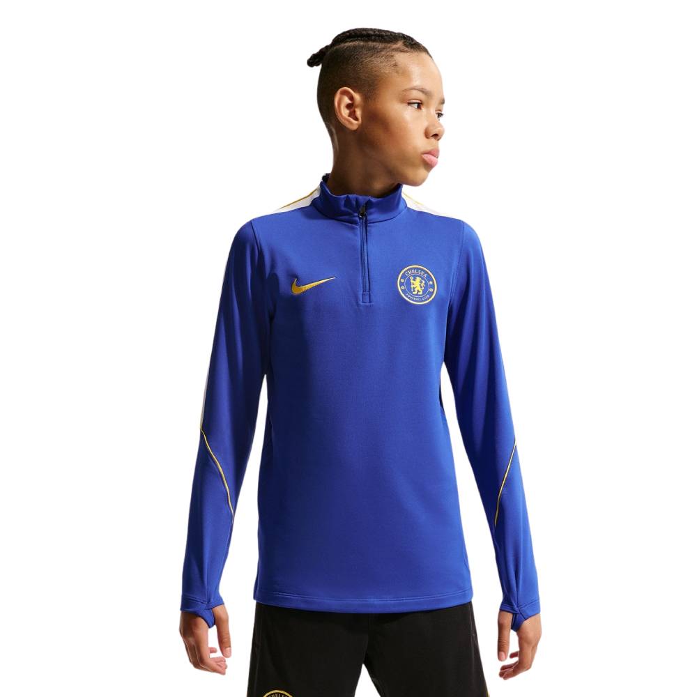 Nike Chelsea Strike Trainingstrui 1/4-Zip 2026-2027 Kids Blauw Goudgeel Wit Nike Chelsea Strike Trainingstrui 1/4-Zip 2026-2027 Kids Blauw Goudgeel Wit